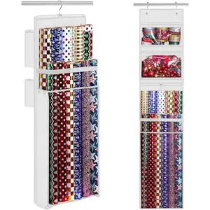 Wrapping Paper Organizer Storage Double-Sided Hanging Gift Wrap Roll Holder for Christmas 63"x13" Over Door Present Bag Container for Room Closet White Wrapper Station for Birthday