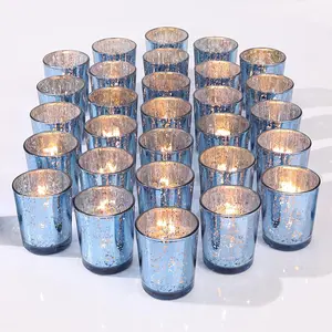 Blue Votive Candle Holders Set of 36 - Blue Mercury Glass Candle Holders for Wedding & Baby Shower Decor - Ideal Tea Lights Candle Holders - Blue Bridal Shower & Centerpieces for Tables