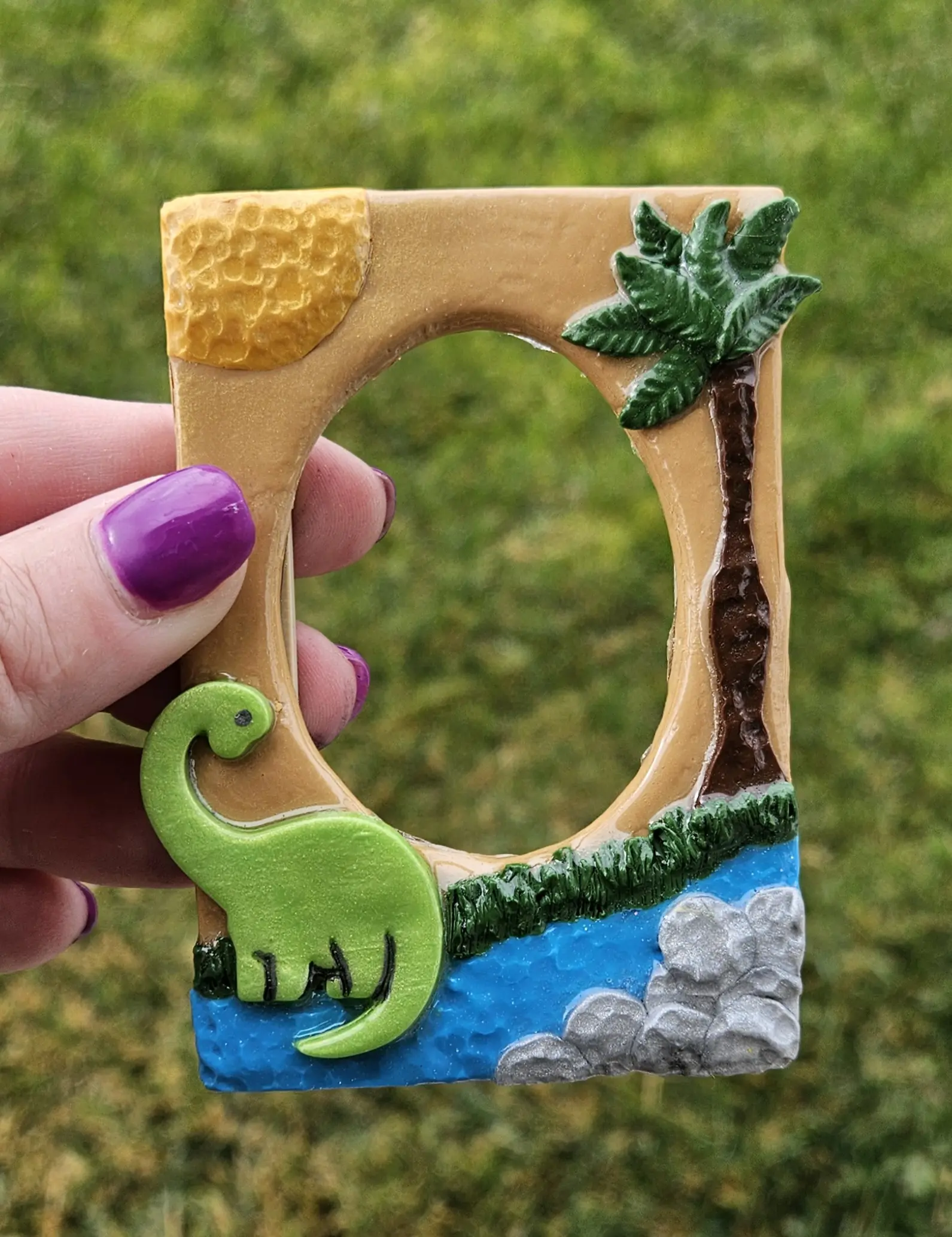 Handmade Dinosaur Polaroid Magnet - Polymer Clay Fridge Decor