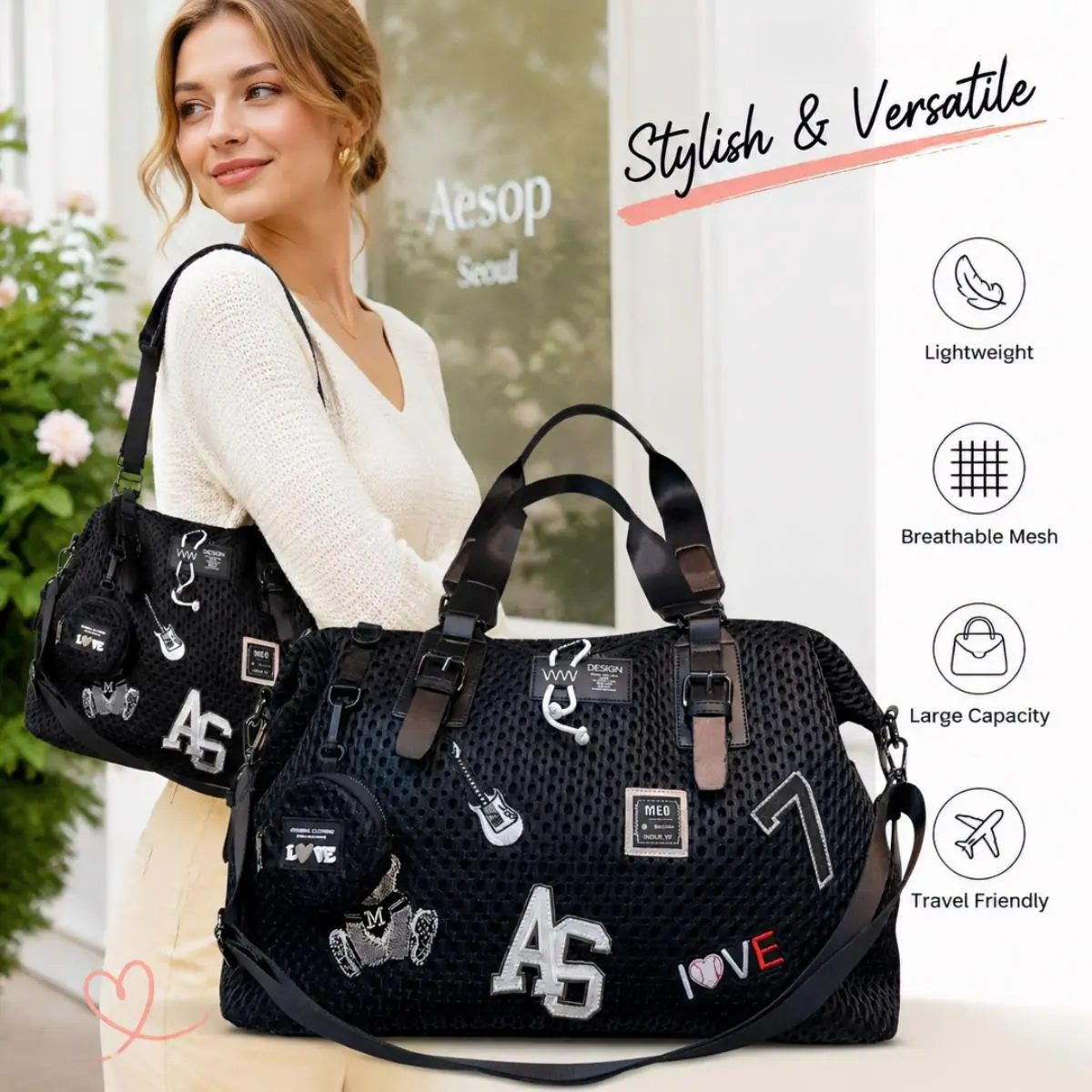 Women's Large Mesh Gym Bag - Fashionable Patchwork, Casual Shoulder-Crossbody, Portable Carrying Bag, Travel Carryall, Daily Use Luggage