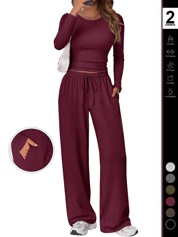 Women's 2 Piece Matching Lounge Set Long Sleeve Slightly Crop Top Wide Leg Pants Casual Sweatsuit 2026 Women's 2 Piece Matching Lounge Set Long Sleeve Slightly Crop Top Wide Leg Pants Casual Sweatsuit 2026