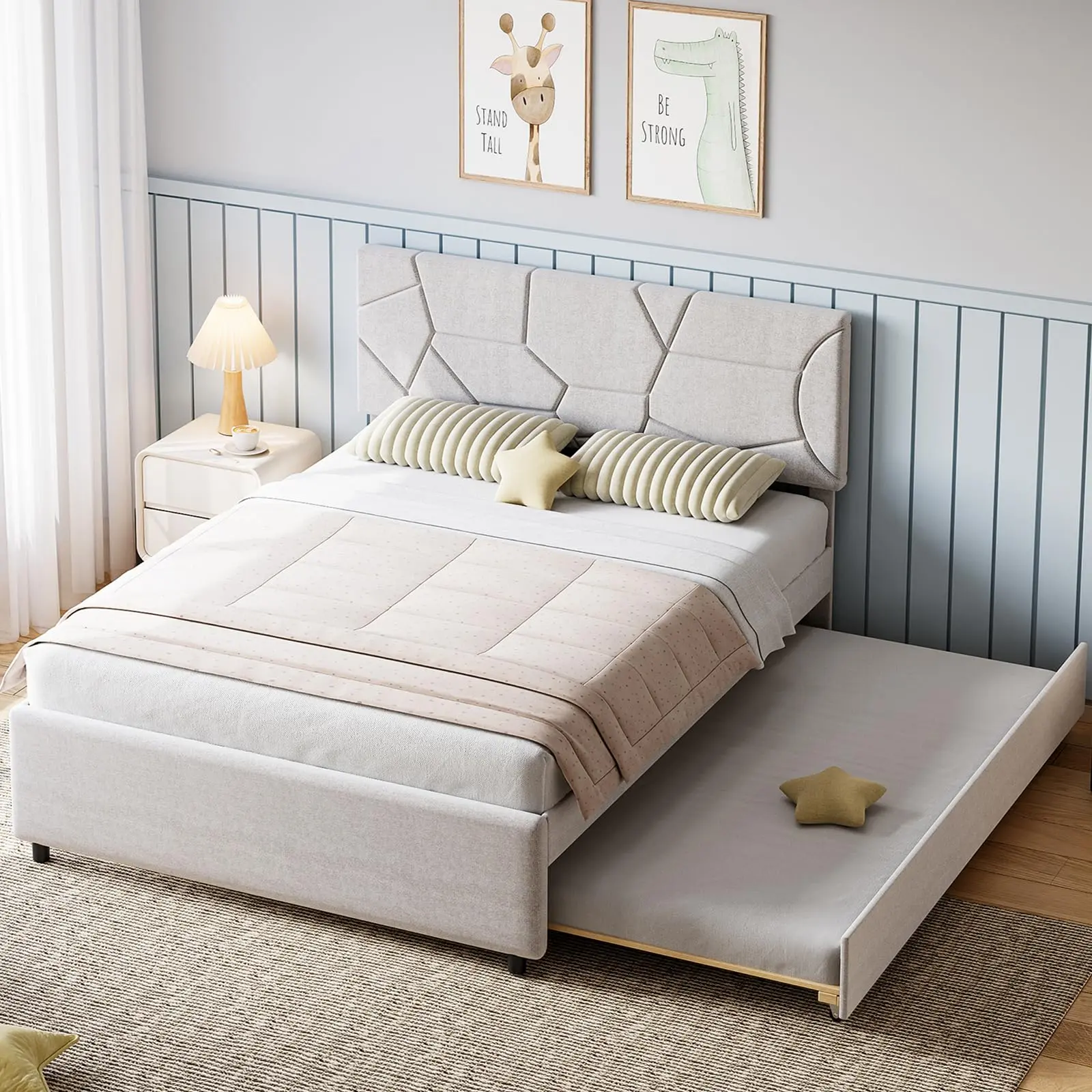 Queen Upholstered Platform Bed Frame with Twin-Size Trundle, Headboard, and Wood Slat Support for Bedroom, Guest Room, Queen Bed Frame