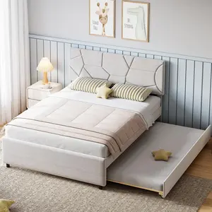 Queen Upholstered Platform Bed Frame with Twin Size Trundle, Headboard & Wood Slat Support, for Bedroom Guest Room