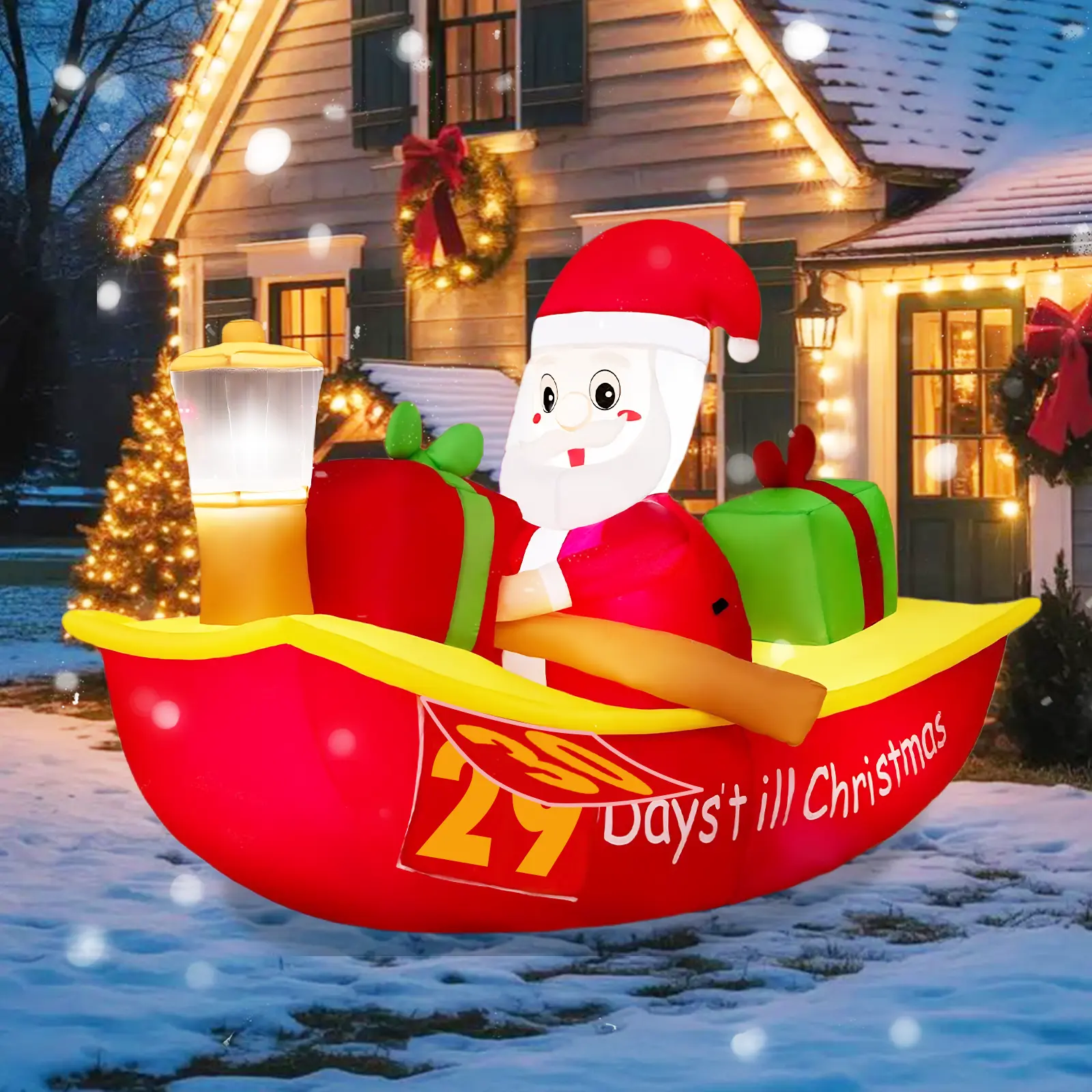 7 Ft Long Christmas Inflatables Countdown Boat Outdoor Decoration, Inflatable Santa Claus Rowing a Boat with LED Lights to Christmas Blow up Xmas Decoration for Yard Garden Lawn Holiday Decor
