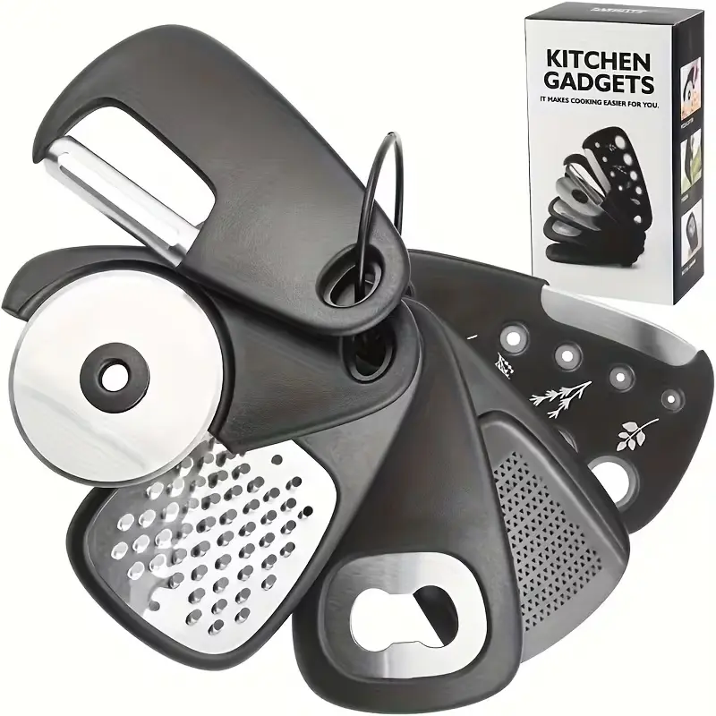 6Pcs Stainless Steel Kitchen Gadgets Set, Fruit Peeler, Herb Cutter, Garlic Grinder, Can Opener, Cheese Grater, Pizza Cutter, Portable Camping Outdoor Kitchen Tools with Storage Bag, Dishwasher Safe, ABS Handle RV Kitchen Accessories
