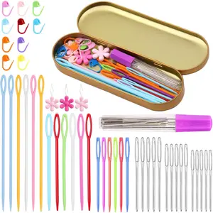 48 count Plastic Large Eye Sewing  Set,15PCS Large-Eye Blunt ,Yarn ,10 Knitting Stitch Markers with Box,  Threader for Knitting Crochet