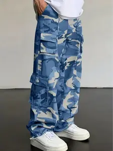 Men's camouflage workwear trousers, casual workwear trousers, straight-leg trousers, Casual streetwear pants, 6 pockets, drawstring at the waist, elastic string at the hem, adjustable hem size, blue, loose, streetwear, casual, sportswear, outdoor, autum