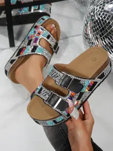 2026 Summer New Ethnic Rhinestone Thick Sole Sandals, Boho Style Beach Shoes, Comfortable Everyday Slippers, Handmade Decorated Heeled Sandals