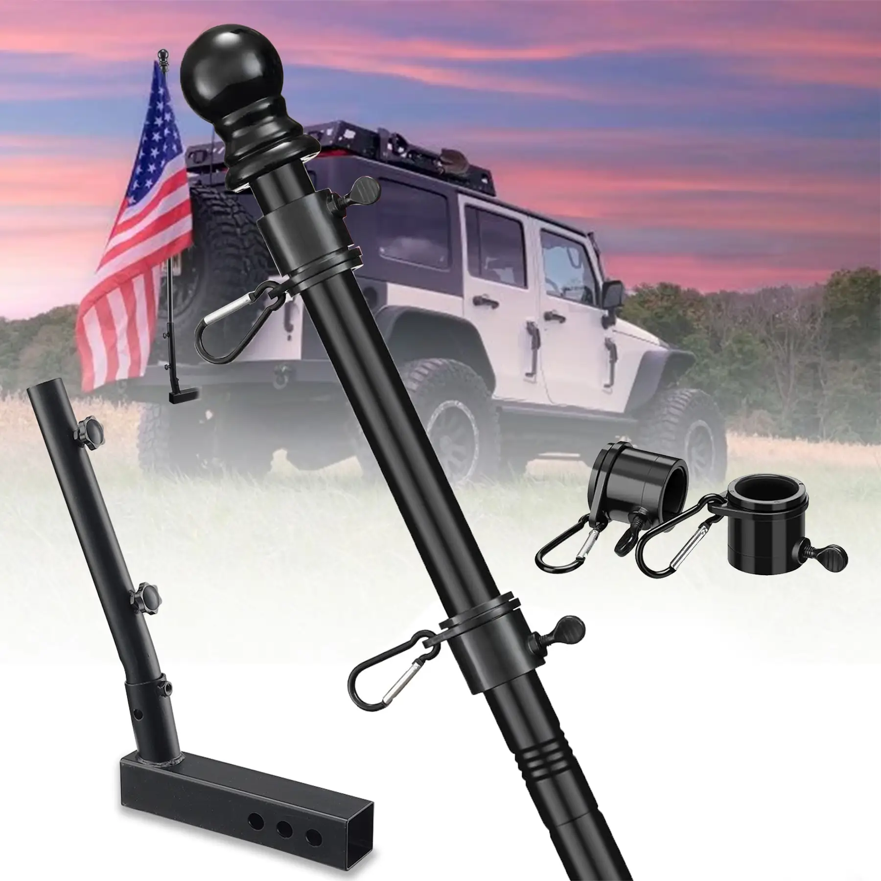 Heavy Duty Truck Flag Pole Kit with Trailer Hitch Mount - Tangle-Free Design, Windproof Flagpole Holder with Extra Long Sleeve for Trucks, Pickups, an