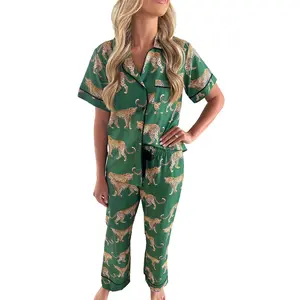 Green Cheetah Print Short Sleeve Shirt and Pants Pajama Set