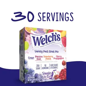 Welch's Singles To Go Variety Pack, Watertok Powdered Drink Mix, Includes 4 Flavors, Grape, Passion fruit, Strawberry Peach, Cherry Pomegranate, 1 Box (30 Servings)