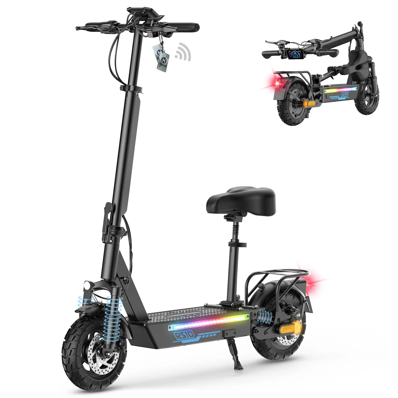 1200W Electric Scooter with Seat 55Miles Range 25Ah Battery Bluetooth Speaker NFC Lock Dual Suspension RGB Lights App Control