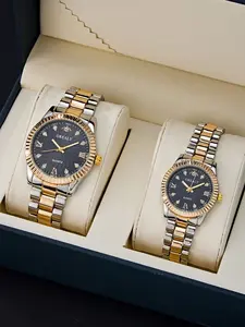 2-piece exquisite neutral steel strip watch set for women, couples, men, quartz watch set