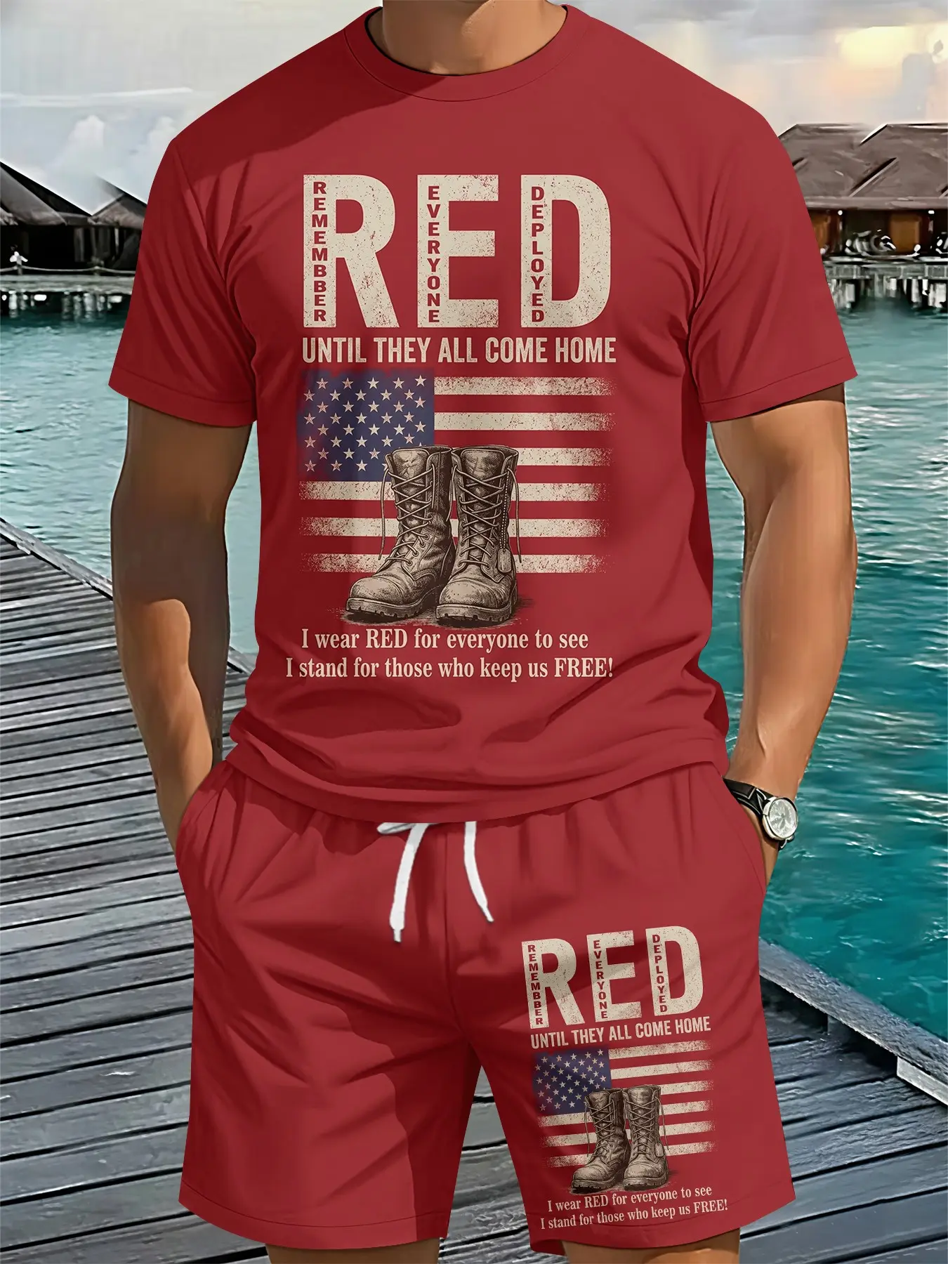 Men's 3D Digital Printed 2-Piece Military Boots & Stars and Stripes Commemorative Set, Trendy Fashion Outfit, Retro Casual 2-Piece Suit, Vacation-Style Trendy Wear, Breathable Sports Casual Style, Perfect Festival Gift for Men