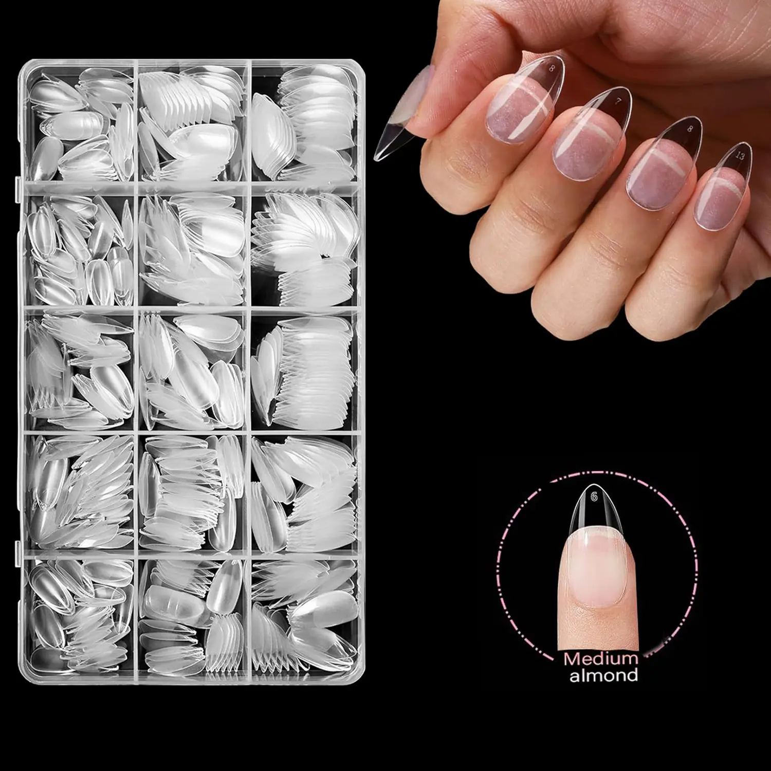 Medium Soft Gel Nail Tips Almond Shape，Upgraded Half-Matte Gel Nail Tip No Filed， Pre Etched Half Matte Full Cover Clear Acrylic Gel Kit False Press on for Extension Manicure Salon Nail Art DIY at Home 420PCS 15 Sizes