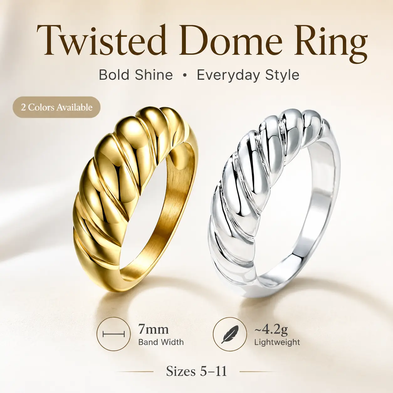 7mm Wide Polished Twisted Dome Stackable Ring for Women, Gold Silver Two Tone Chunky Croissant Band Ring, Waterproof Anti-Tarnish Daily Statement Comfort Fit Finger Jewelry Gift