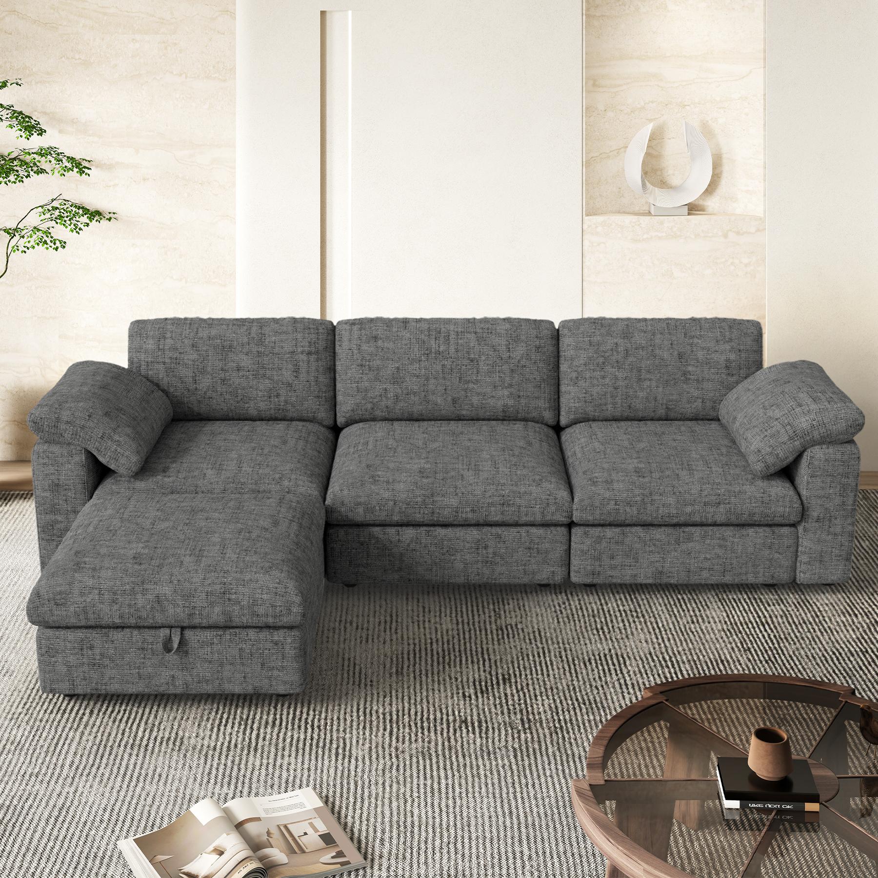 【Shipped in four Packages】118" L Shaped Modular Sectional Sofa, Oversized 3-Seater Convertible Cloud Couch, Modern Chenille Sectional Couches for Living Room, Cream White 1 PCS