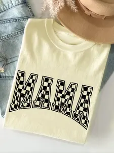 Women's Checkerboard & Letter Print Round Neck Tee, Vintage Trendy Casual Fitted Short Sleeve T-shirt for Daily Wear, Ladies All Seasons Outfit, Top