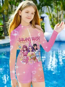Girls' One-Piece Swimsuit, Easter Bunny Heart Pattern, Easter Bunny Theme, Fun And Festive, Quick-Dry Sun Protection Long Sleeve Swimwear, Beach Pool Surfing Suit, Easter Themed Swimsuit, Tween Swimsuit