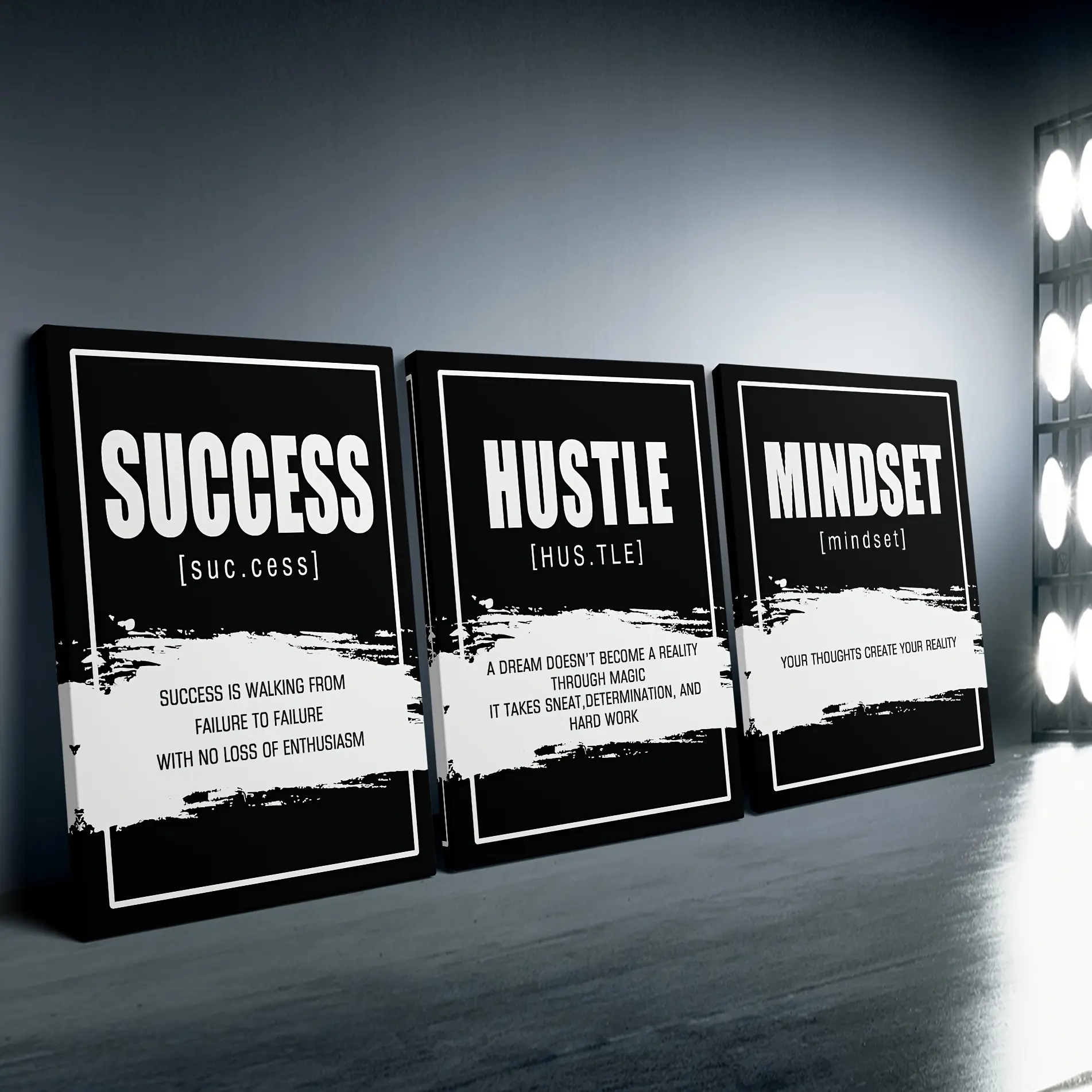 Artistic 3-Piece Non-Toxic UV Resistant 24"x36" Eco-Friendly Wooden Frame Canvas Print Sets - Success Hustle Mindset Wall Art, Decor for Bedroom, Living Room, Modern Home Gift
