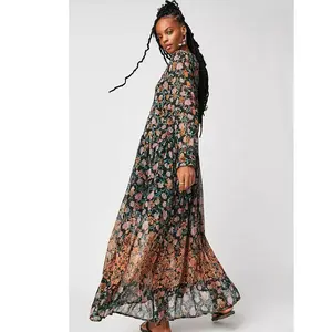 Free People See It Through Maxi Dress X-SMALL Black Floral Boho