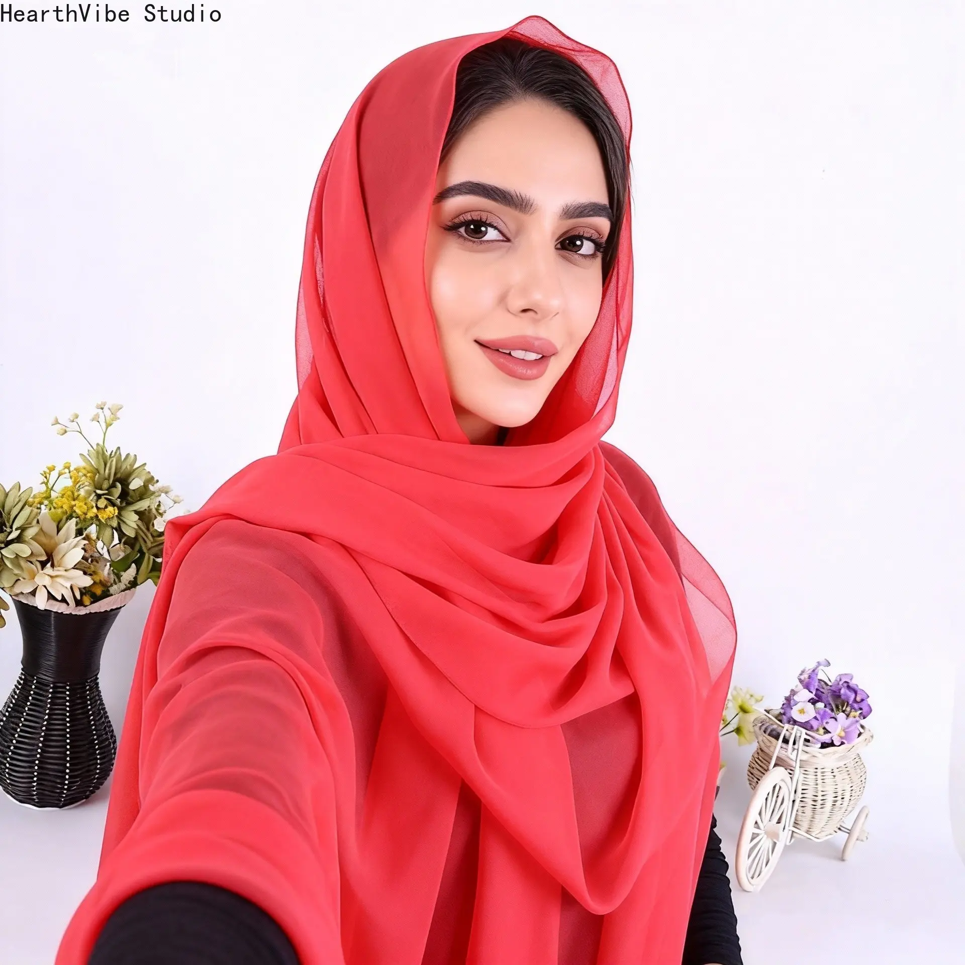 Solid Coral Red Chiffon Hijab for Women, Luxury Soft Lightweight Breathable Shawl for Summer and Everyday Modest Wear