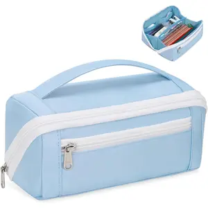 Large Capacity Pencil Case - Special Aesthetic Pencil Pouch for Teens Girls Boys College Middle and High School, Extra Big Pencil Bag with 8 Compartments Wide Opening Pen Bag, Blue