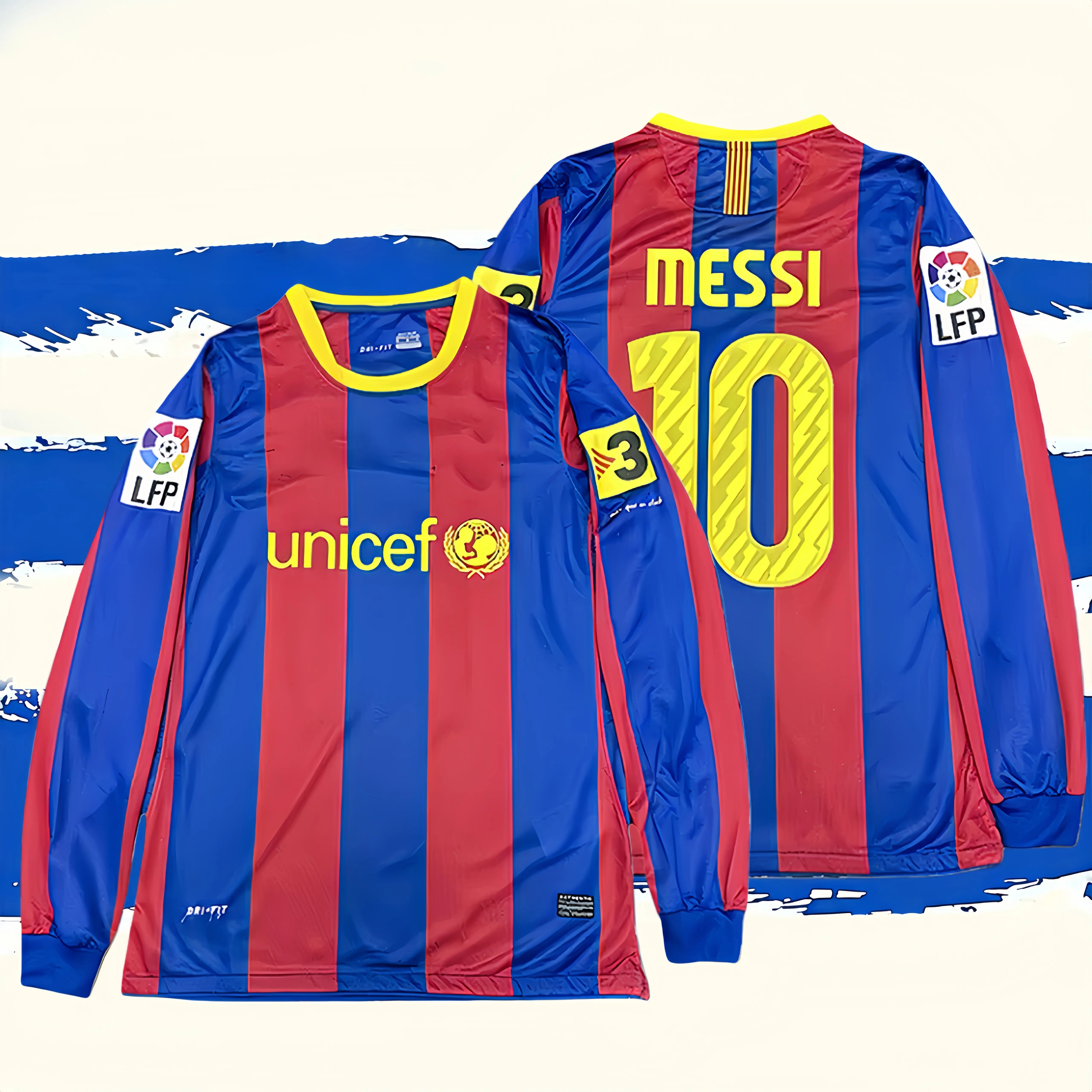 10-11 Season Home Red and Blue Messi #10 Long-Sleeve Retro Jersey