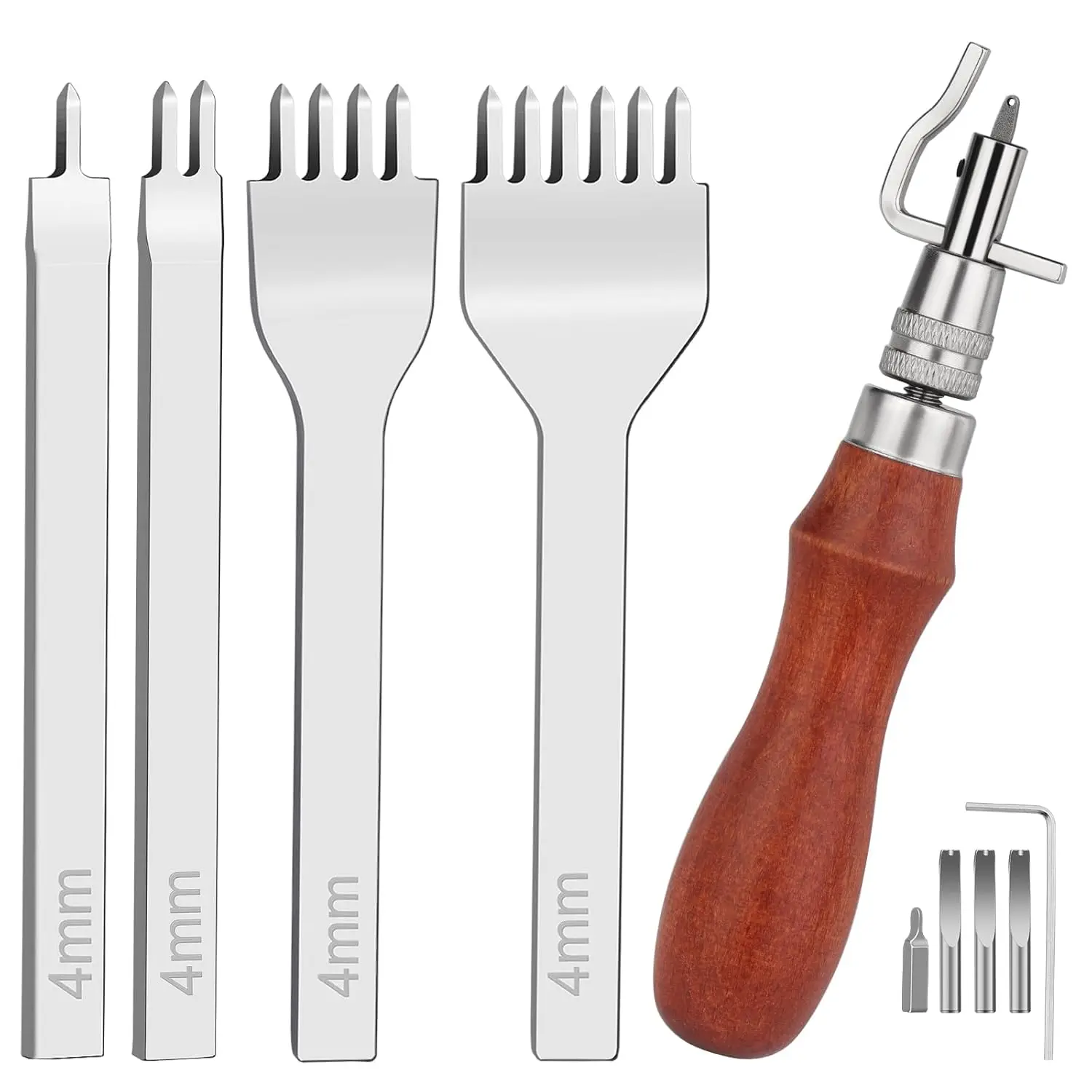 Beginner Friendly Steel Body Leathercraft Tool Set for DIY Leather Work - 1 Adjustable Stitching Groover, 3.94in Edge Beveler, 4 Punching Tools (1/2/4/6-Prong), 4mm Edge Cutter, Rhombus Tooth Lacing Chisel