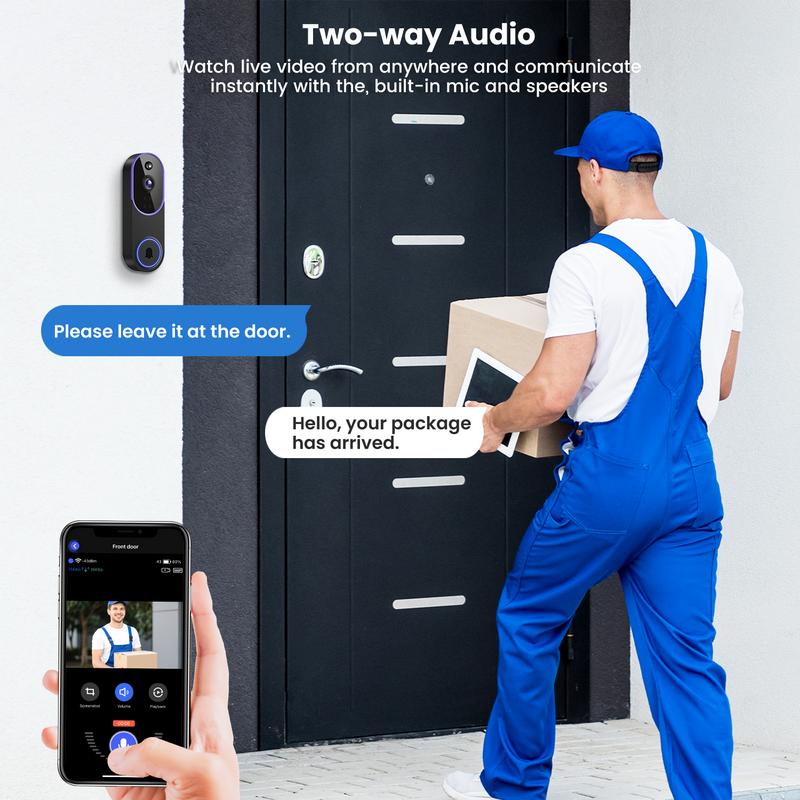 Wireless Video Doorbell Camera, Smart Security Doorbell Camera, 1080P, AI Human Detection , Night Vision, Instant Alert, Two Way Audio, 2.4G WiFi Only, Simple Installation and Rechargeable Battery, Cloud Storage, WiFi Camera