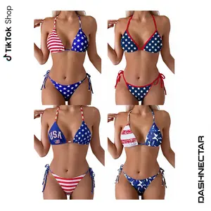 2026 American Flag String Bikini Set for Women, USA Stars and Stripes Two Piece Halter Swimsuit, Side Tie Bottom Summer Beach Vacation Swimwear Patriotic Outfit
