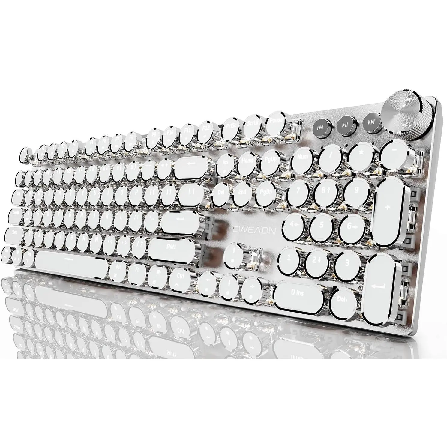 EWEADN Typewriter Style Mechanical Gaming Keyboard, Wired Mechanical Keyboards,104  Backlit LED Keyboards, Media Control Knob, Wired Computer Keyboard   for Windows//PC-White