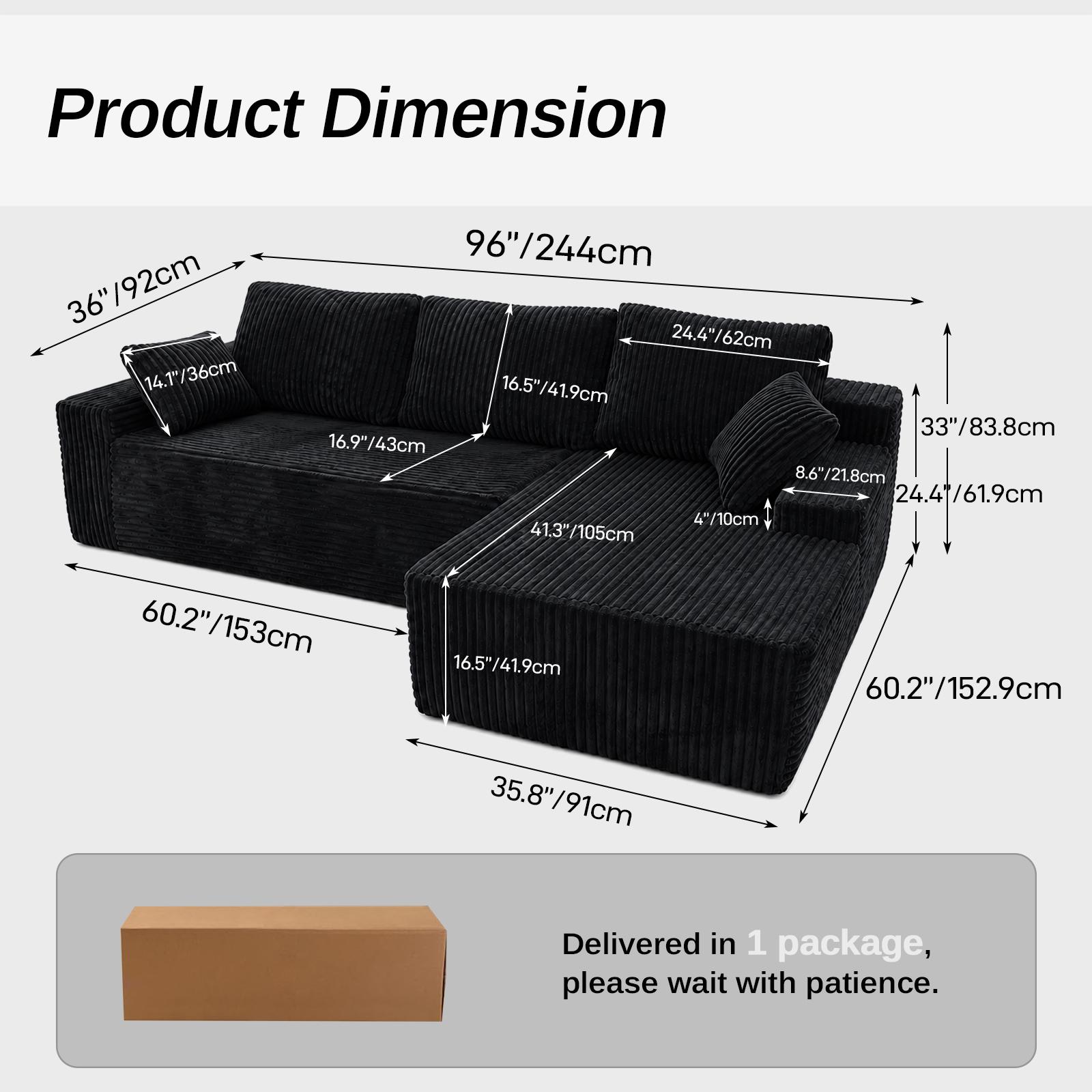 96" Cloud Couch Sofa, Sectional Sofa Couches for Living Room, Black Corduroy L-Shape Upholstered Boneless Couchs Modern Modular Sectional Couch with Chaise Lounge and Toss Pillow, No Assembly Required 96" Cloud Couch Sofa, Sectional Sofa Couches for Living Room, Black Corduroy L-Shape Upholstered Boneless Couchs Modern Modular Sectional Couch with Chaise Lounge and Toss Pillow, No Assembly Required