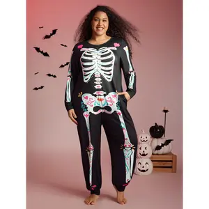 BLOOMCHIC Women's Plus Size Halloween Long Sleeve Skeletal Rib Graphic Spandex Fabric Lounge Jumpsuit with Hidden Zipper [M-6X], 2026 Summer Vibes Deals Black Fit