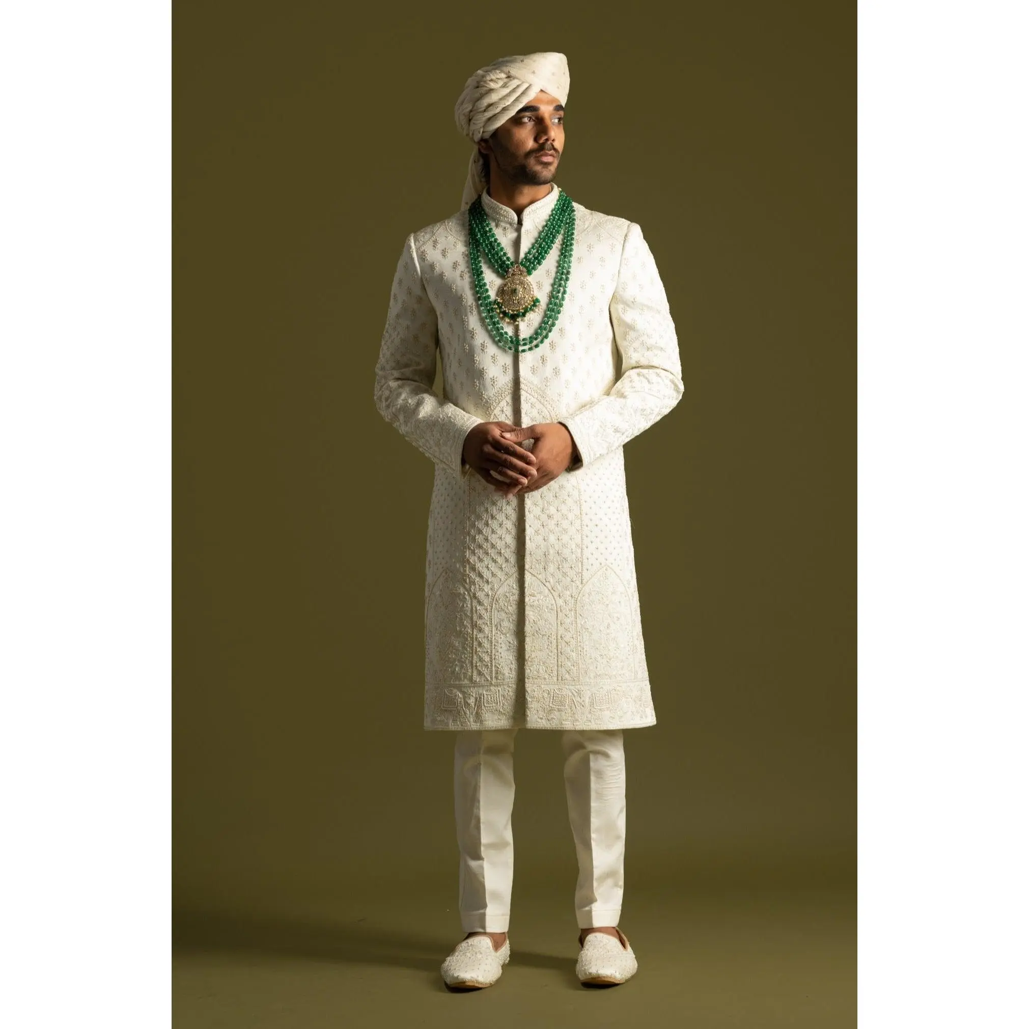 Ivory tonal threadwork sherwani set