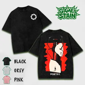 Portal game 2 sided washed printed Casual graphic tee lover game acid wash, Fabric, Menswear Top Graphic Hoodie Print Straight Tee Streetwear