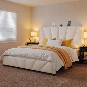 King Size Bed Frame Velvet King Bed Frame and Adjustable Headboard & LED Lights,No Box Spring Needed, Noise-Free, Easy Assembly, Beige outdoorfun