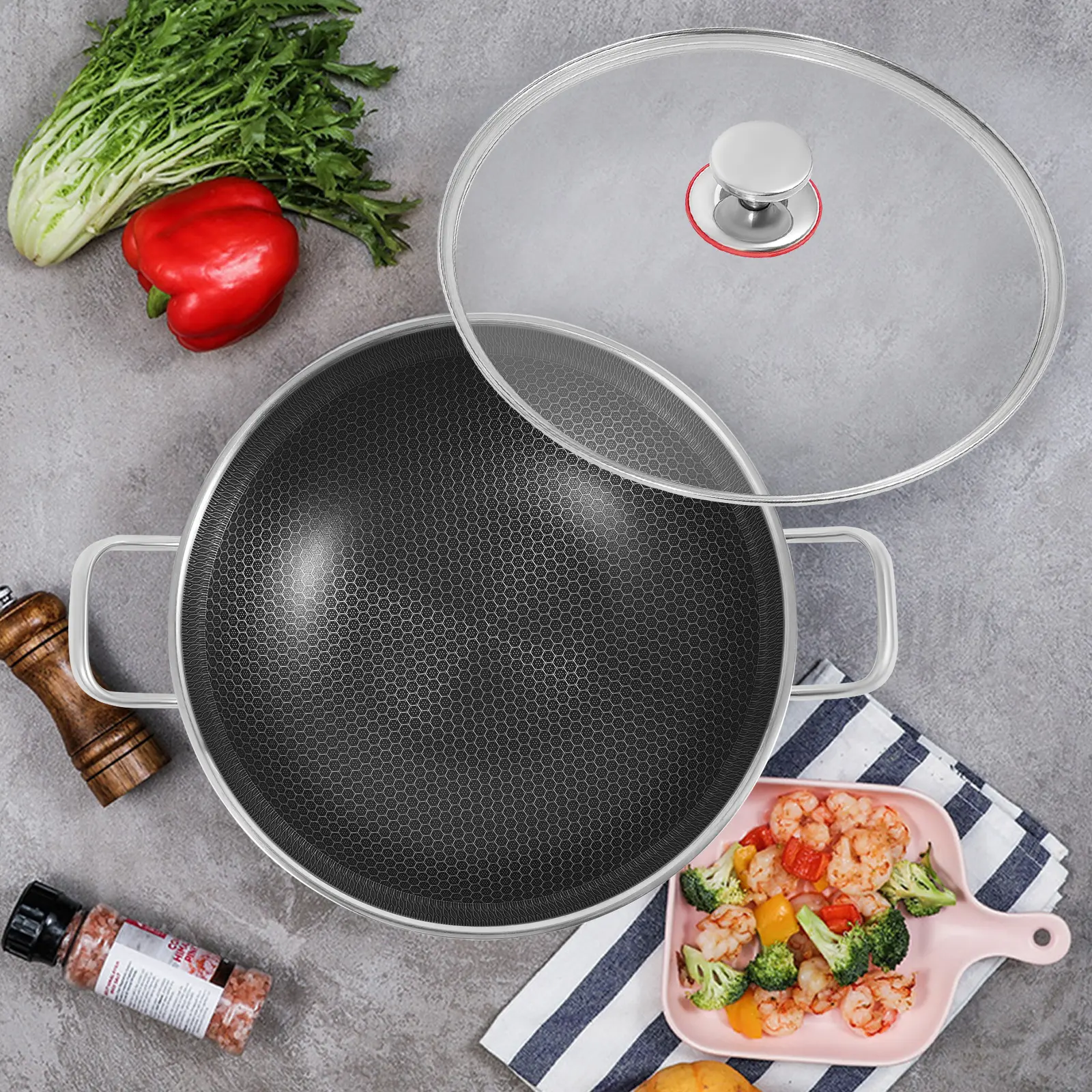 13 Inch 410 Stainless Steel Honeycomb Frying Pan Non Stick Skillet With Glass Lid Scratch Resistant Kitchen Cookware