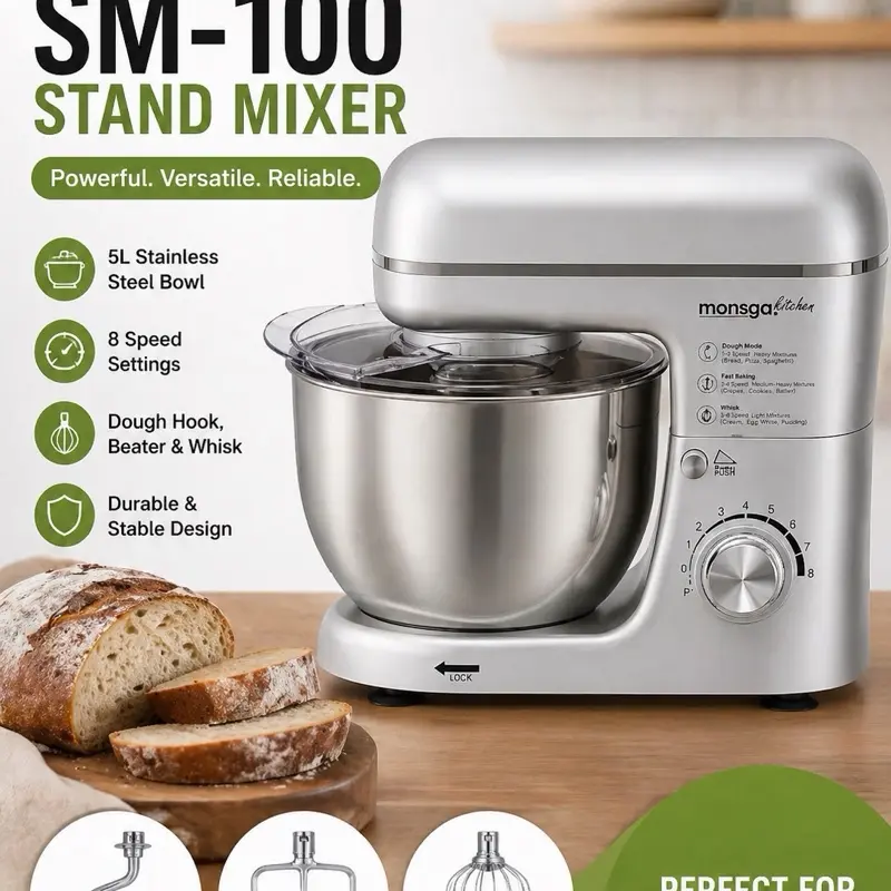 Monsa SM-100 Stand Mixer with 5L Stainless Steel Bowl, 8 Speed Settings, Dough Hook, Beater & Whisk, Durable & Stable Design