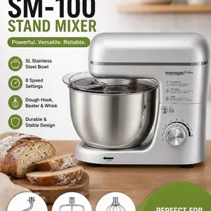 Monsa SM-100 Stand Mixer with 5L Stainless Steel Bowl, 8 Speed Settings, Dough Hook, Beater & Whisk, Durable & Stable Design