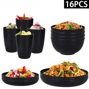 ONESHOW 16 PCS Wheat Straw Dinnerware Set Solid Black Bowls Plates Cutlery Unbreakable Microwave & Dishwasher Safe Reusable Lightweight Stackable for Camping Outdoor Activities Plastic Tableware Thanksgiving Value Pack Christmas