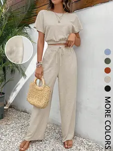 Women's Solid Color Top & Wide Leg Pants Two-piece Set, Casual Fashion Cozy Top & Trousers for Daily Outdoor Wear, Ladies Summer Clothes
