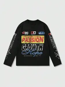 Men's PASSION GROWTH HOPE Print Long Sleeve Tee, Loose Casual Fashion Round Neck T-shirt for Daily Wear, Men's Top for All Seasons