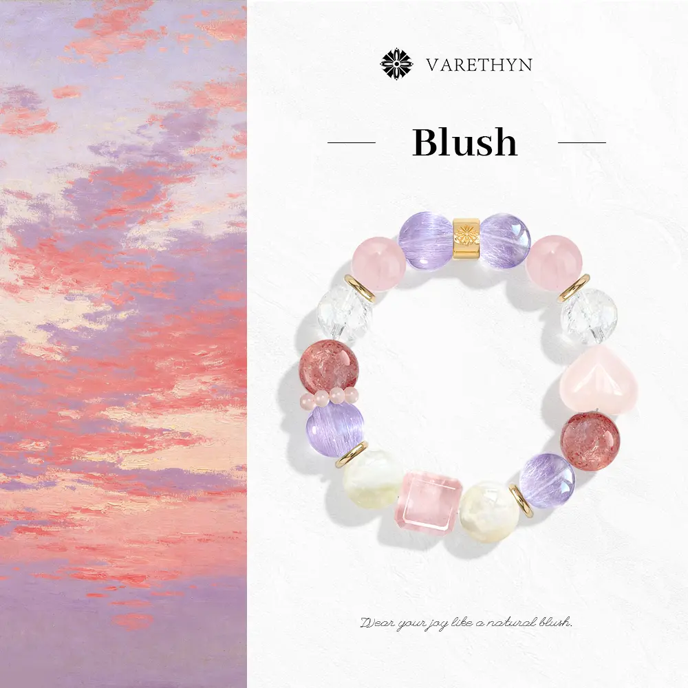 Blush Mixed Crystal Energy Bracelet Chunky Rose Quartz Strawberry Quartz Divine Feminine Pinky Color Summervibe Jewelry