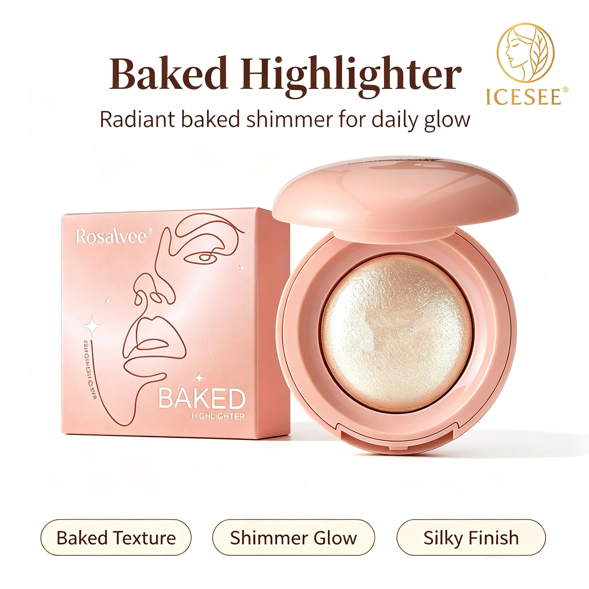 ICESEE Baked Highlighter Powder, Lightweight Face Illuminator with Buildable Radiance and a Silky Shimmer for a Natural Glow