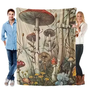 Vintage Botanical Mushroom Forest Flannel Blanket – Red Cap Mushroom & Fern Design | Ultra Soft Plush Throw Blanket for Bedroom, Living Room & Cottagecore Aesthetic | Perfect Gift for Nature Enthusiasts, Mycologists & Goblincore Lovers