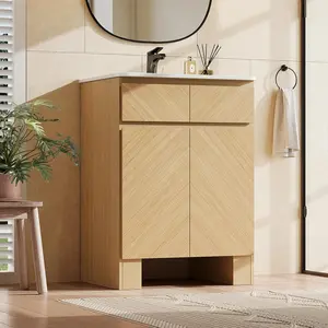 ModernMate 24" Bathroom Vanity with Sink, Freestanding Wood Bathroom Sink Cabinet with Ceramic Basin and Soft-Close Doors, Single Sink Bathroom Vanity, Adjustable Shelves, Easy Assembly, Natural Oak