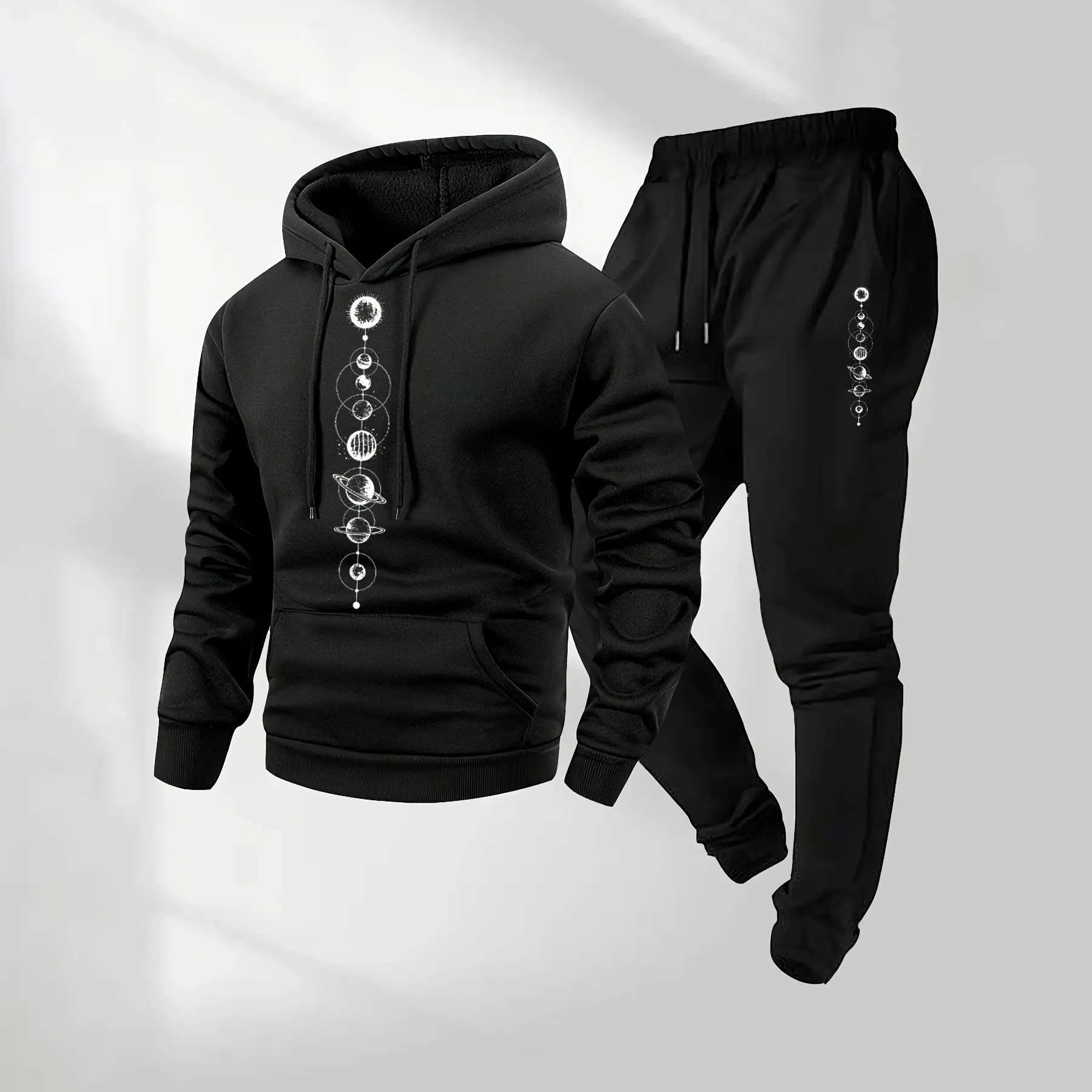 Men's 2-Piece Tracksuit - Casual Star & Letter Print Long Sleeve Hoodie with Drawstring Full-Length Loose Joggers, Breathable Polyester Athletic Workout Running Clothes