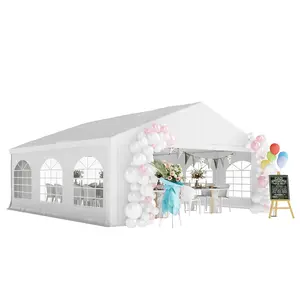 20' x 20' Heavy Duty Wedding/Carport Tent – White. Cathedral Windows + Removable Sidewalls. UV-Blocking Polyethylene Canopy. Galvanized Steel Frame. Ropes & Stakes Included