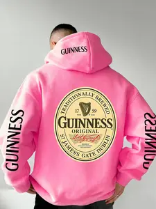 Men's Hooded Sweatshirt Guinness Beer Letter Print, Soft Stretch Knit Fabric, Casual Fitted Style, All Seasons Wear